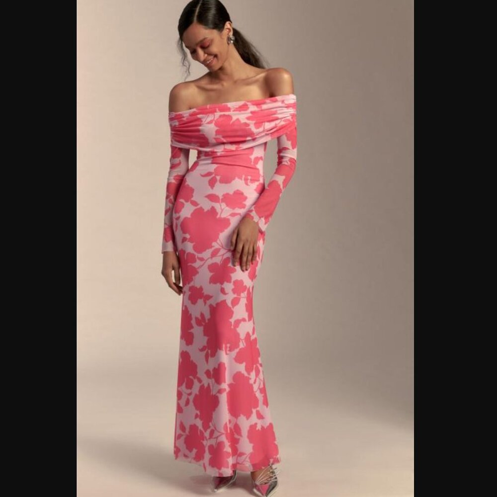 NWT Anthropologie AFRM Long-Sleeve Off-The-Shoulder Mesh Maxi Dress Sz M